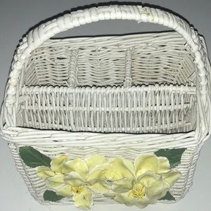 1950’s Wicker Napkin/Silverware Tote Basket W/ Handle 3-D Yellow Flowers…